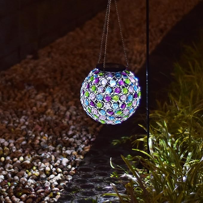 Solar Hanging Lantern Outdoor Lights, Dual LEDs Color Changing and Cool White Hanging Light Waterproof Crystal Globe Lamp Decoration in Garden, Pathway, Front Door - Multi Color