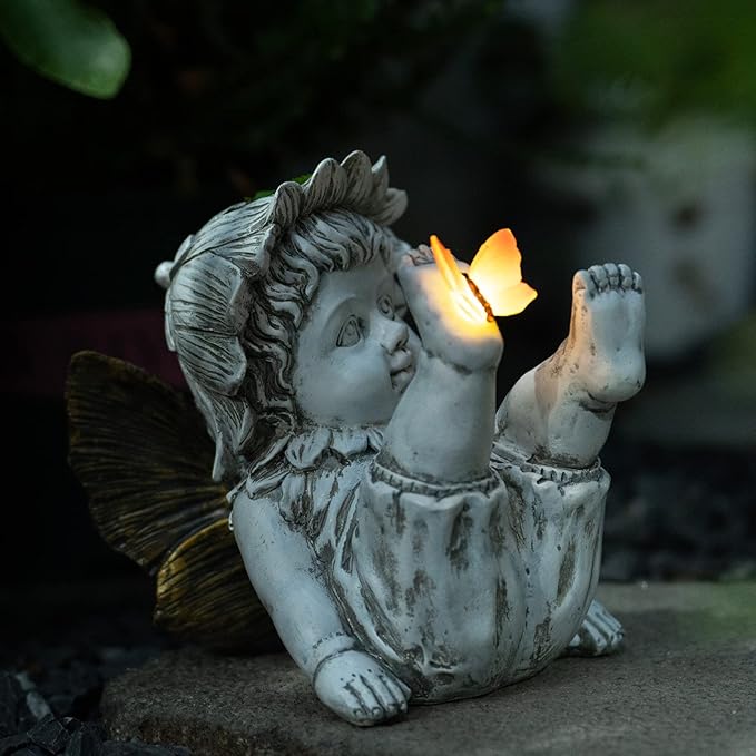Garden Fairy Outdoor Solar Decor, Resin Ornaments for Patio Lawn Yard Porch, Playful Garden Flower Fairy Statues for Outside Angel Gifts, 7.91 Inches Tall