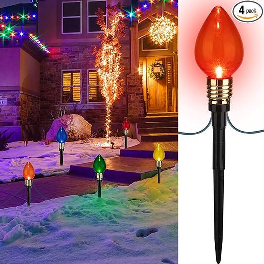 Brightown 4 Pack C9 Christmas Pathway Lights Outdoor Total 69.6 Ft 40 Lights Waterproof Connectable Walkway Lights for Yard Ground Sidewalk Driveway Christmas Decorations