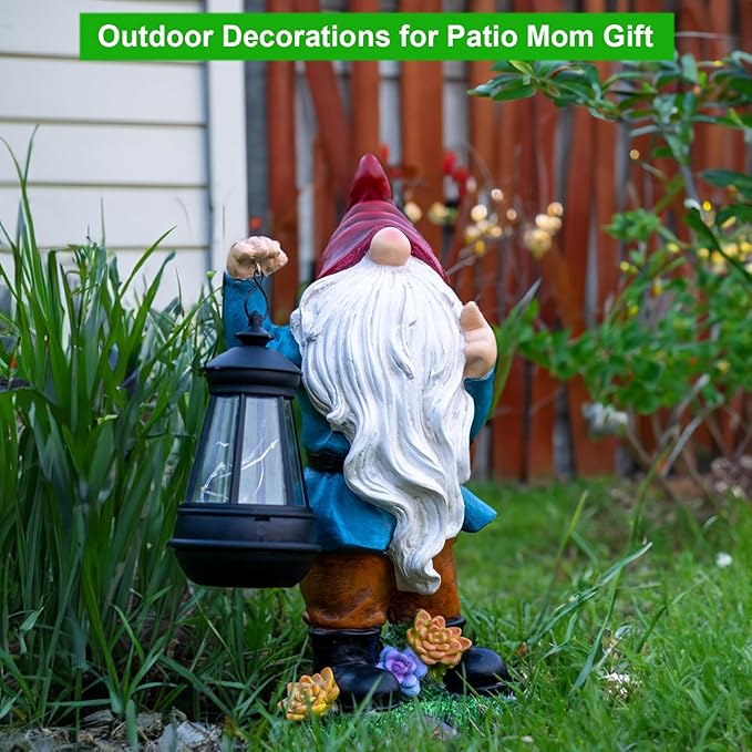 Solar Garden Statue Lights Gnome Figurine with Solar Lantern, Outdoor Garden Succulent Ornaments Waterproof Christmas Decoration for Outside Patio Yard Lawn Decor