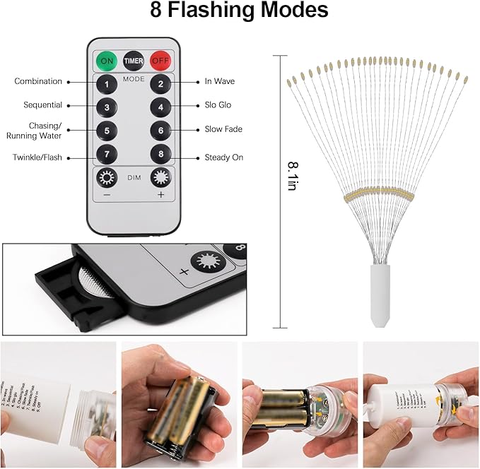 Firework Lights, 8 Pack LED Copper Wire Fireworks Lights Fairy Lights Christmas Fireworks Hanging Dimmable String 8 Modes Waterproof with Remote Control for Christmas Wedding Garden