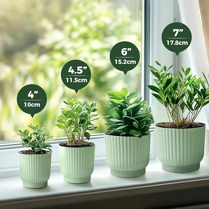 T4U 7 Inch Self Watering Pots for Indoor Plants, 4 Pack Green Plastic Flower Pots for All House Plants, Flowers, African Violets
