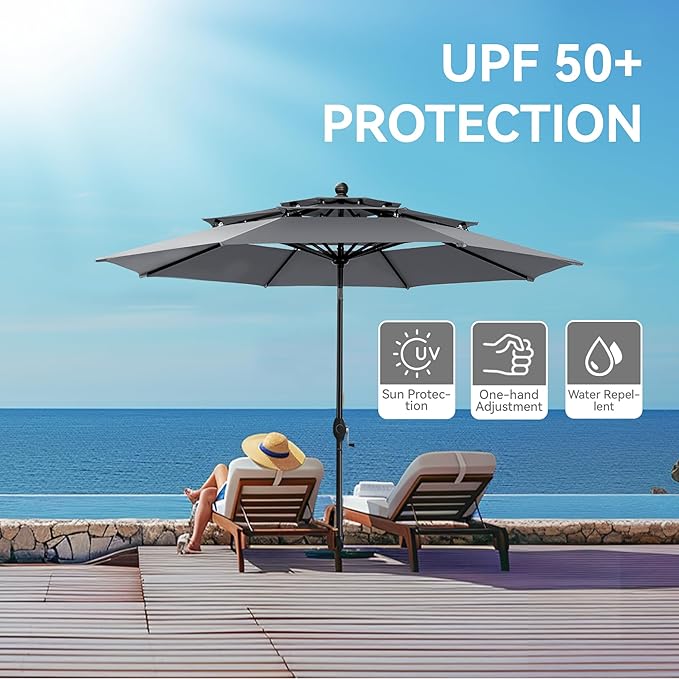 GREEN PARTY 10ft Outdoor Patio Umbrella, Auto-Tilt Market Table Umbrellas with Crank, 8 Sturdy Ribs & 1.5" Pole UV Protection for Garden Deck Backyard Pool