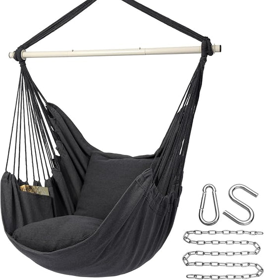 Y- Stop Hammock Chair Hanging Rope Swing Chair, Max 500 Lbs, 2 Seat Cushions Included, Removable Steel Spreader Bar with Anti-Slip Rings, Hardware kit-for Indoor or Outdoor(Dark Grey)