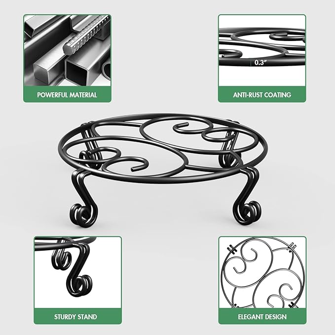 Yimobra 2 Pack Plant Stand for Flower Pot Heavy Duty Potted Holder Indoor Outdoor Metal Rustproof Iron Garden Container Round Supports Rack for Planter (10.2 Inches, Black)