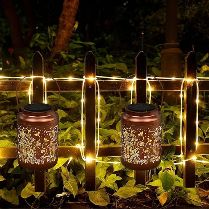 Mushroom Solar Lanterns Outdoor Waterproof Hanging Solar Lights Gifts for Women Mom Metal LED Decorative Lantern for Yard Patio Pathway,Porch，Landscape,Lawn Garden Decor for Outside