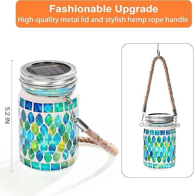 Cooo 4 Pack Mosaic Solar Lanterns Outdoor Waterproof Jar Lights Solar Powered, Hand Paste 141 Crystal Mosaics Table Hanging Garden Backyard Decor Lamps （Just a Little More, Get Double The Deligh