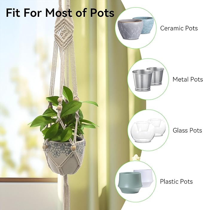 USLAI Macrame Plant Hanger Indoor Outdoor, Up to 4-15 inch Pot, Heavy 20lb Planters, Extra Long Strong Hanging Planter Basket, Boho Home Decor, 41 Inch, Ivory, Set of 2 (POTS NOT Included)