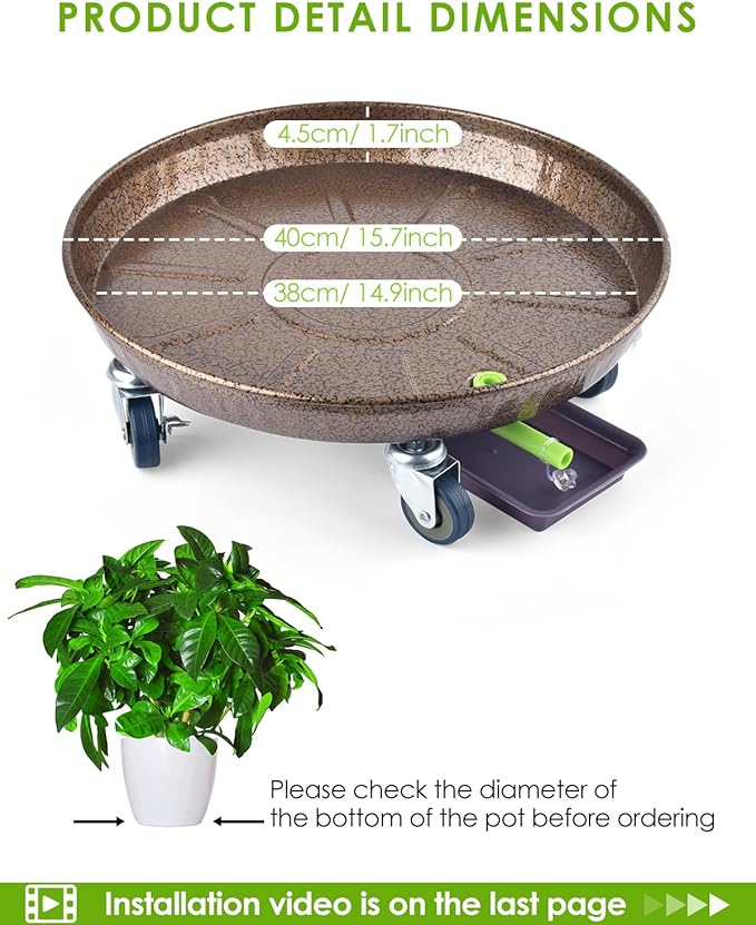 PACETAP 2Pack 15.7'' Large Plant Stand with Lockable Wheels, Heavy-Duty Plant Caddy with Casters for Indoor and Outdoor, Round Rolling Plant Stands Garden Pot Mover to Carry Potted Flower Pot