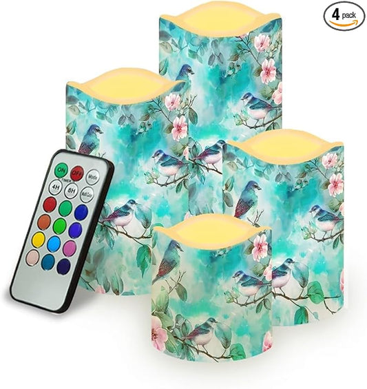 Ystardream Light Candles 4 Pack Battery Operated Color Changing Timer Remote Control Fake Pillar Tealights Beach Wedding Home Indoor Decor Modern Hummingbirds
