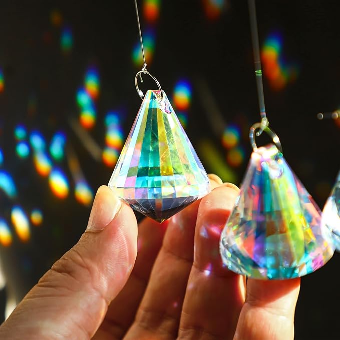 HDCRYSTALGIFTS 12pcs 38mm Crystal Faceted Prisms Suncatchers for Window Hanging AB Colored Crystals Diamond Prisms Sun Catchers Home Garden Christmas Ornament