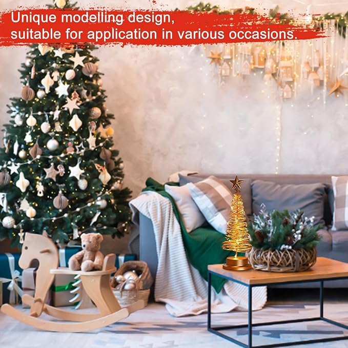 Christmas Tree Lamp, Spiral Christmas Tree with Glittering Star, AA Battery Operated Gold Christmas Tree Light with Metal Stand for Christmas Table Decoration（Batteries not Included）
