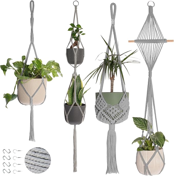 Nook Theory 4-Pack Macrame Plant Hanger - with 8 Ceiling Hooks - Hanging Planter Indoor Outdoor - Hanging Plant Holder - Decorative Bohemian Plant Hangers - Hanging Plants (Light Gray)