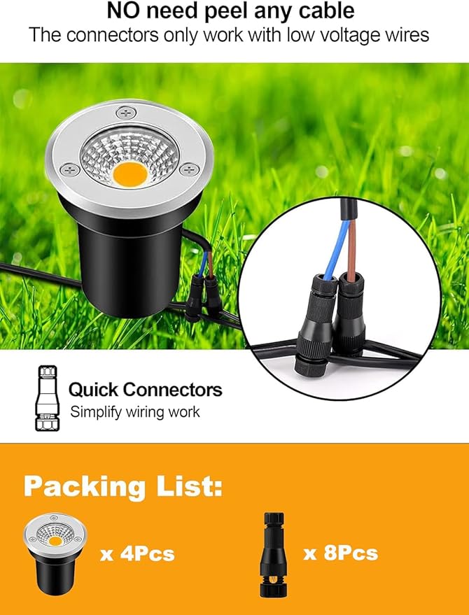 ZUCKEO 4Pack Low Voltage Landscape Lights 3W LED Outdoor Well Lights 12V 24V In Ground Spotlights with Connectors for Indoor Outdoor Step Deck Yard Garden Patio,Warm White