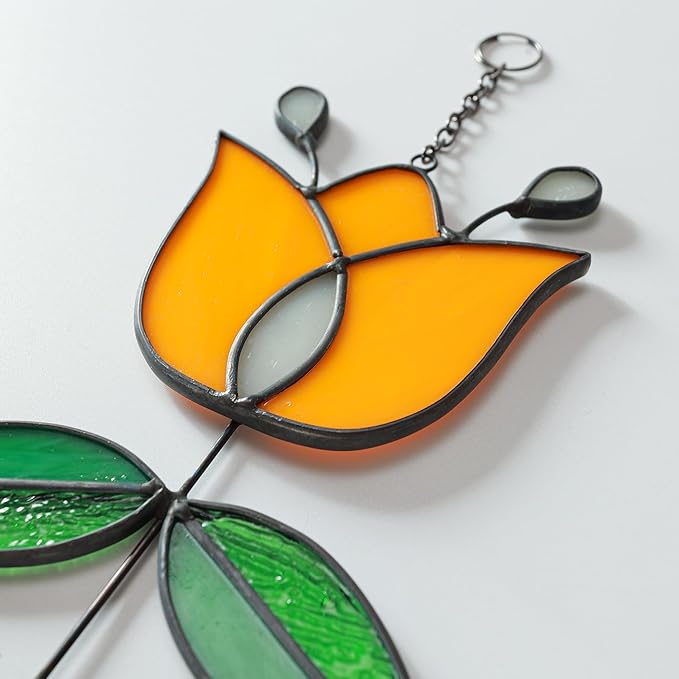 Tulip Stained Glass Suncatcher, Valentines Day Gifts, Folk Flower Stained Glass Window Hanging Sun Catcher, Retro Home Decor, Window Decorations for Plant Lovers, 9.4" x 4.7"