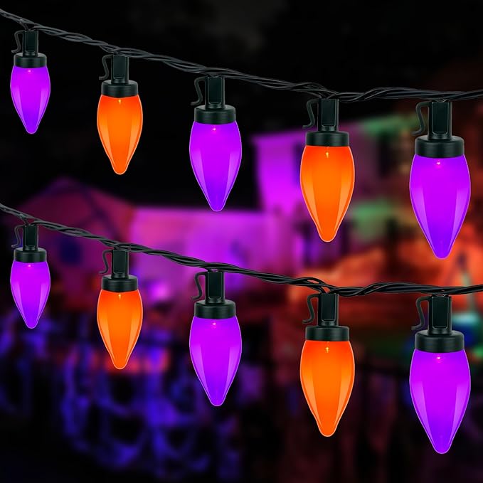 26FT LED Halloween Lights Outdoor, C7 Orange and Purple Halloween Stirng Lights with 50 LED Bulbs, Plug-in Outdoor Halloween Decorations Lights Waterproof for Halloween Patio Outdoor Party Yard Garden