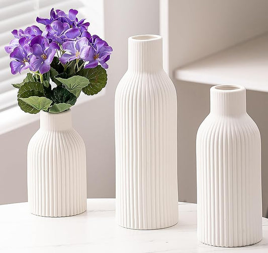 Ceramic Vase Set of 3, Flower Vases for Spring Room Decor, Kitchen Farmhouse, Modern Boho Style(White)