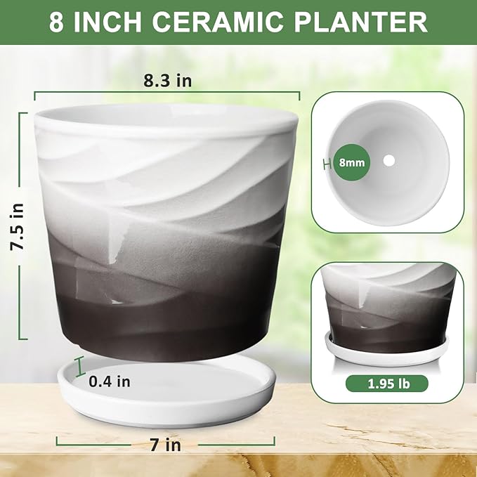 8 Inch Plant Pot, Ceramic Planter with Drainage and Saucer, Ceramic Pots for Plants, Indoor Plant pots,Ceramic Flower pots(Dark Gray+White)