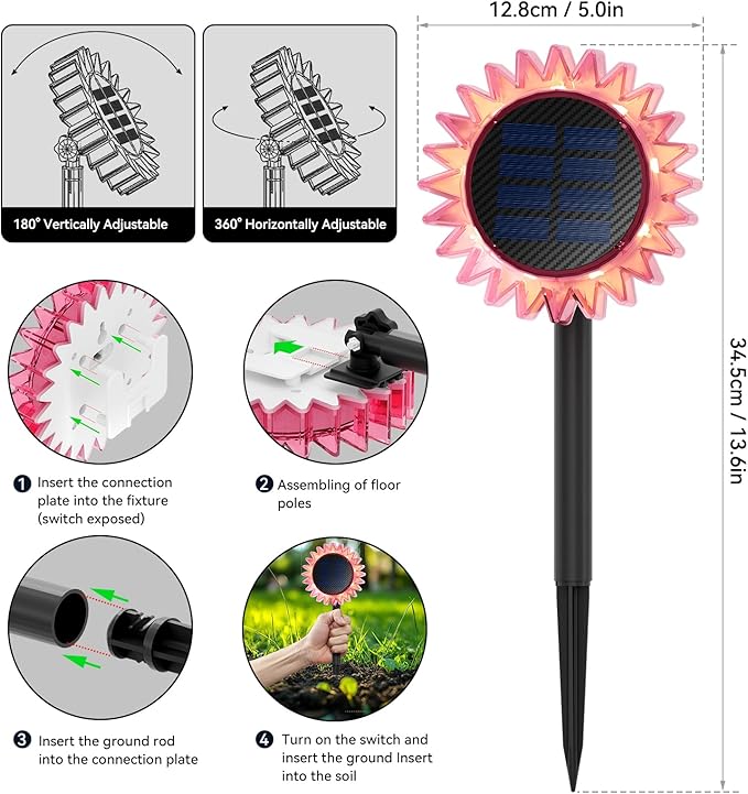 Outdoor Solar Lights, 4 Pack Led Solar Sunflower Lights, Stake/Wall 2-in-1 Waterproof Solar Garden Lights for Yard, Landscape, Fence, Patio, Driveway, Pathway, Backyard Decoration (Warm White)