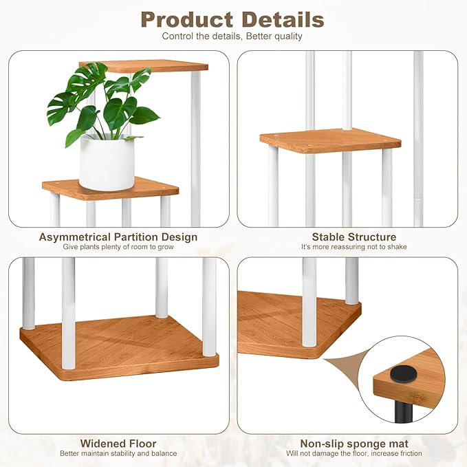 4 Tier Wood Tall Plant Stand Metal Rack Indoor, Multiple Flower Pot Holder Shelves Corner Rack, Planter Shelf Display Rack Storage Organizer for Patio Living Room Balcony Garden(White)