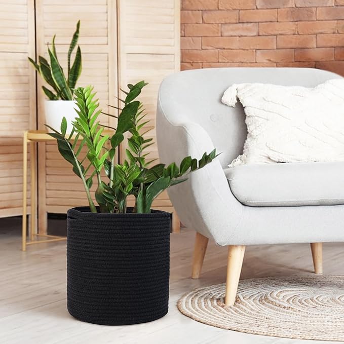 Cotton Rope Plant Basket, Woven Basket Planter for 10 inch Pot, Round Indoor Tree Pot Cover, Small Storage Bin Organizer, Modern Basket for Plants and Home Decor, 11”X11”, Black