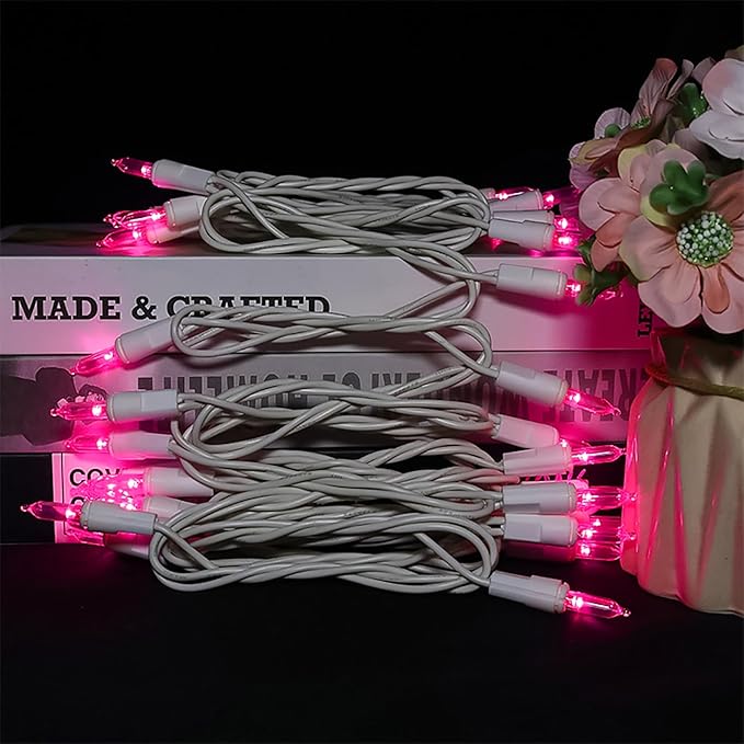 Pink LED Christmas Lights - 35 Count Pink Christmas String Lights for Small Tree, Crafts, Bedroom, Wedding, Indoor and Outdoor Valentines Day Decorations, 11 Feet White Wire, UL Certified, Connectable