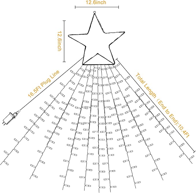 Christmas Star String Lights, 320 LED Waterfall Tree Lights with 13" Topper Star 8 Lighting Modes Indoor Outdoor Halloween Decorations for Holiday, Wedding, Party (Warn White)