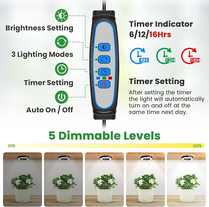 Wiaxulay Grow Lights for Indoor Plants, 48 LEDs Full Spectrum LED Plant Grow Light, Under Cabinet Grow Lamp with Auto Timer 6/12/16 Hrs, 3 Lighting Mode, 5 Brightness Levels, One Head (3.5in)