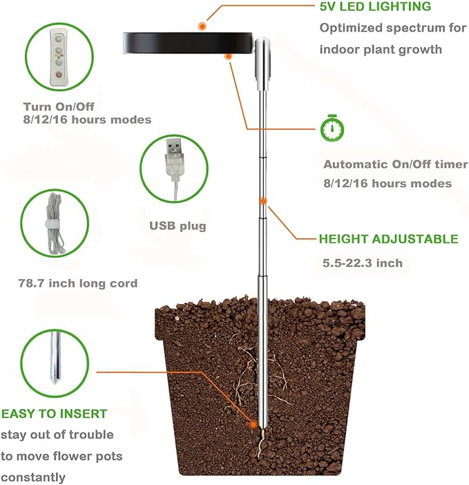 yadoker Plant Grow Light, LED Growing Light Full Spectrum for Indoor Plants,Height Adjustable, Automatic Timer, 5V Low Safe Voltage,Idea for Small Plant
