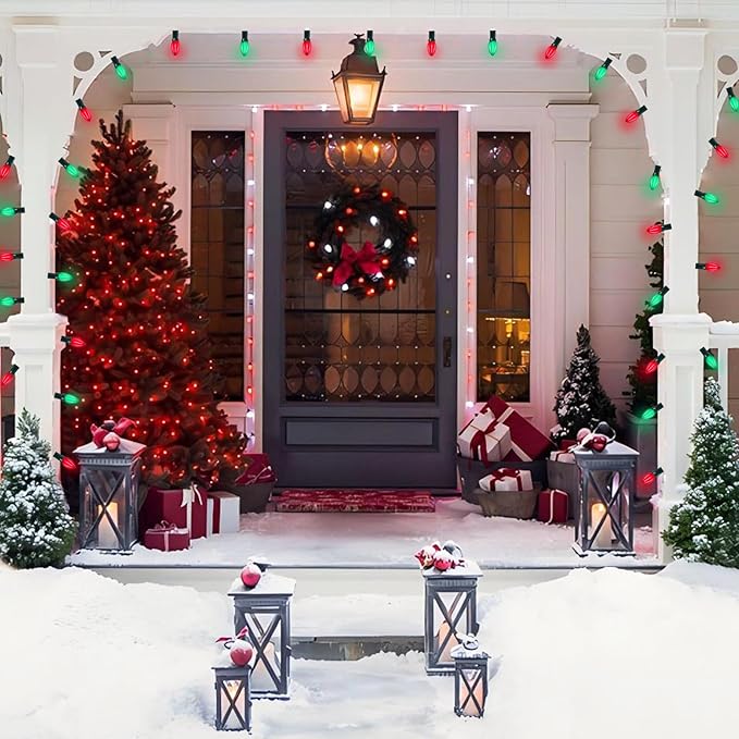 C7 LED Christmas Lights Outdoor, 25FT Clear Red and Green Christmas String Lights with 27 LED Energy-Efficient Bulbs, Hanging Vintage Christmas Decorations Lights for Holiday Party Patio Garden Yard