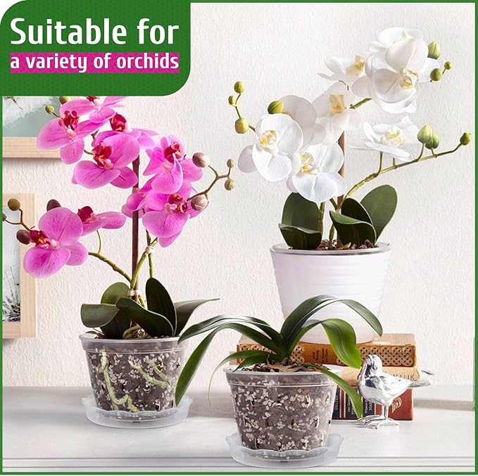REMIAWY Orchid Pot, 8 Pack Orchid Pots with Holes and Saucers, 5.5 Inch Clear Plastic Flower Planters for Repotting Indoor Outdoor, Breathable Slotted Nursery Planter