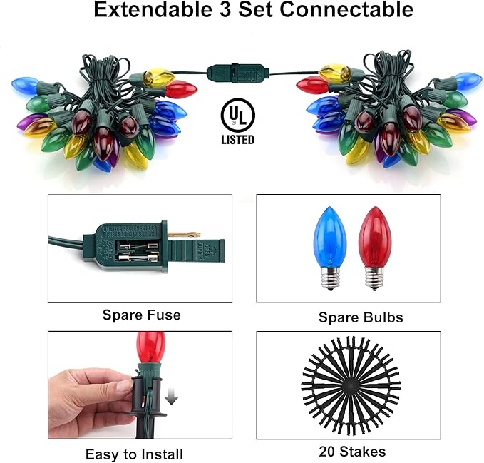 Christmas Pathway Lights Outdoor - 24.2ft Multicolor Walkway With Stakes, C9 Driveway for Outside Yard Garden, Extendable Xmas Holiday Decorations, 20 Lights