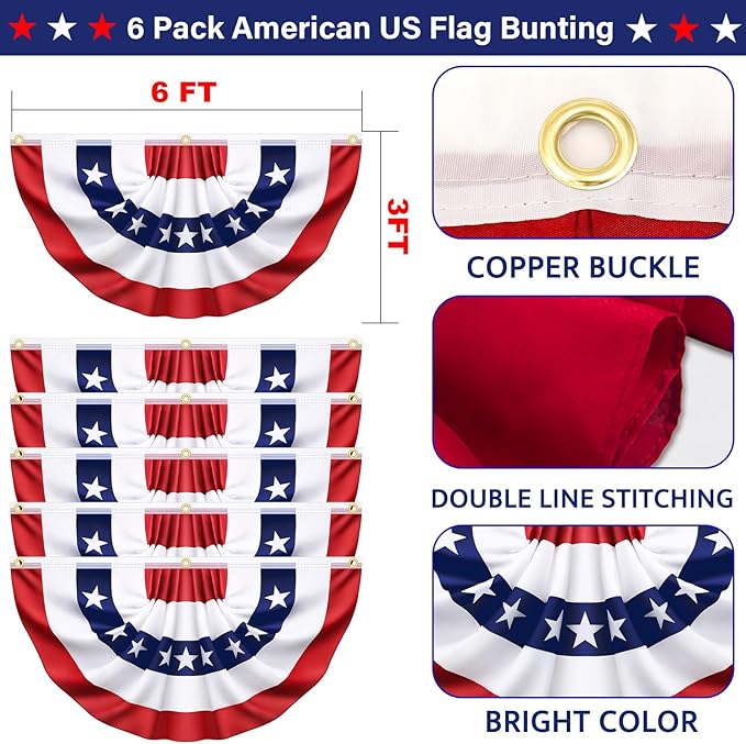 3x6 Ft 6 Pack American Pleated Fan Flag, Patriotic Half Fan Banner American Flag Decoration Bunting for Outside Red White and Blue Decor Independence Day Memorial Day 4th of july Decorations