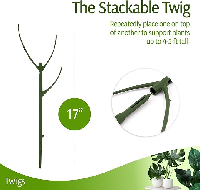 Stackable Plant Support Stakes, Stem Holder Structure for Indoor & Outdoor Use, Garden Accessories for Climbing & Potted Plants, Trellis Alternative - Monstera (Dark Green), 10 Pack, 17" L