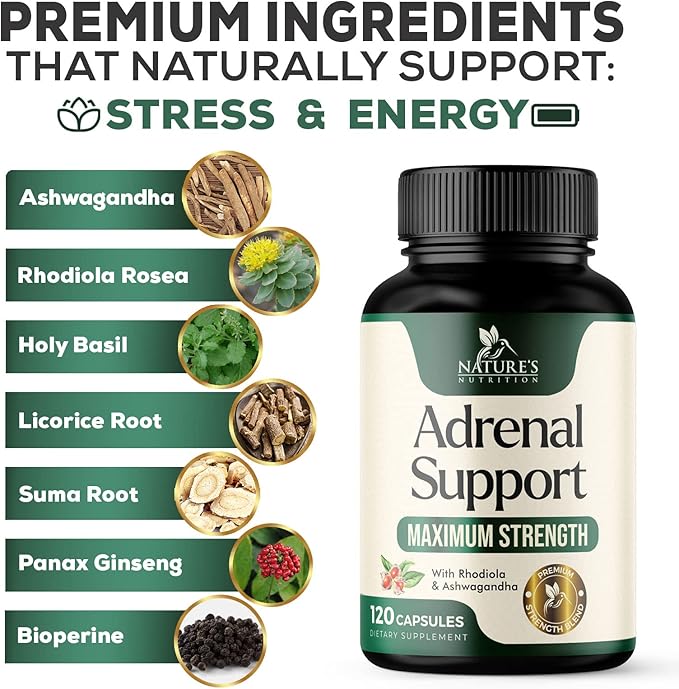 Adrenal Support Supplements - Ashwagandha & 10 Adaptogenic Herbs including Rhodiola Rosea, Holy Basil – Adrenal Supplement Support for Balanced Energy, Adrenal Fatigue, Calm, Relaxation – 120 Capsules