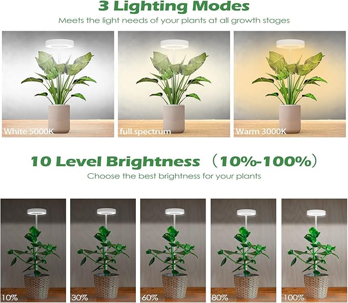 Grow Lights for Indoor Plants, Full Spectrum LED Clip Plant Lights, Height Adjustable and 3 Modes, 3/9/12h Automatic Timer, 10 Dimmable Brightness, Mini Halo Grow Lights for Small Plants