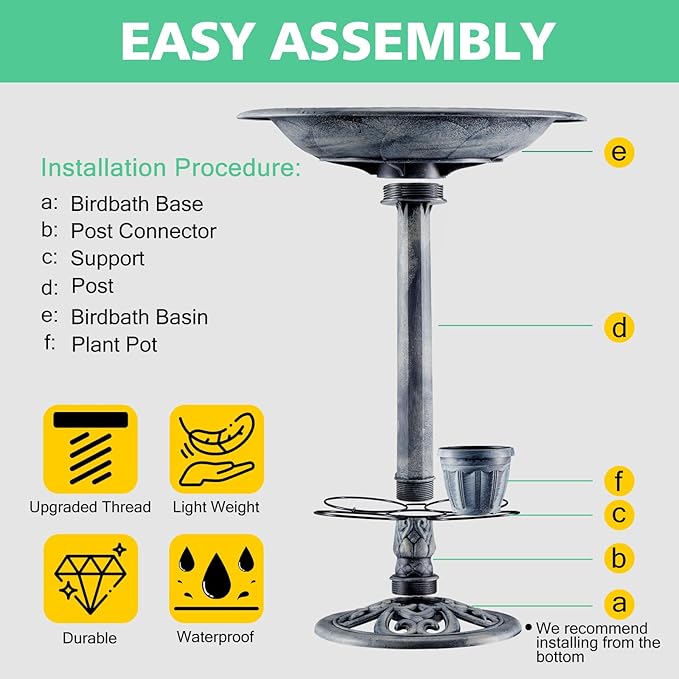Bird Bath for Outside with 4 Removable Flower Planters 28in Polyresin Lightweight Vintage Birdbath for Outdoors Stake Standing Bowl and Water Feeder Yard Garden Decor Gray