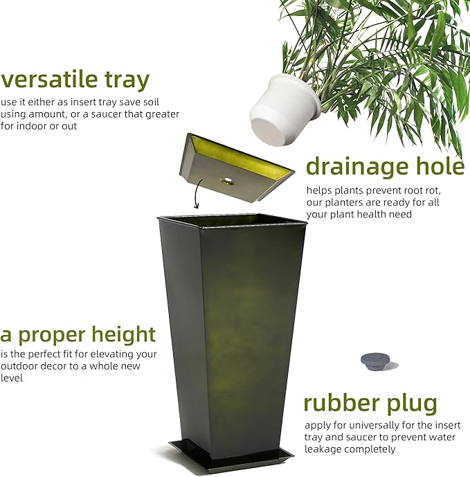 KOL 25'' & 28'' Tall Bright Glazed Planter with Insert, Set of 2, Galvanized Steel Planter Metal Pots with Drainage Hole for Indoor & Outdoor Use, Decorative Plant Pots for Front Porch, Patio - Green