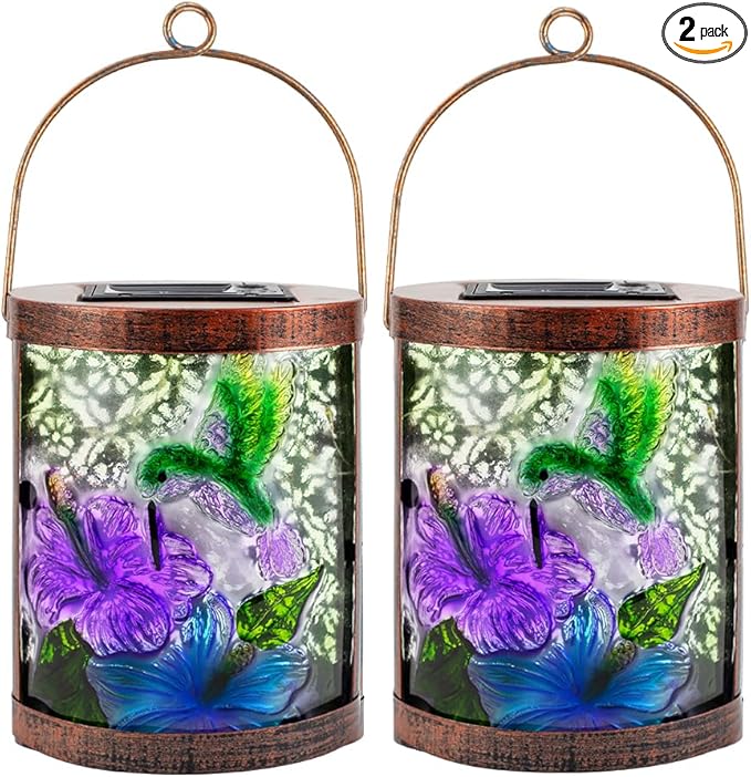 Starsoul 2 Pack Hanging Solar Lantern Outdoor Waterproof Glass Hummingbird Decorative Solar Lights for Outside Garden Yard Table Patio Decor