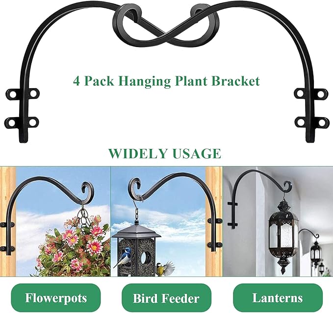 4 Pack Heavy Duty Plant Hanger Bracket, 12Inch Hanging Brackets for Plants Outdoor and Indoor, 80lbs Holding Capacity Metal Plant Wall Hooks, Black Hanging Plant Brackets for Flower Wind Bird Feeder