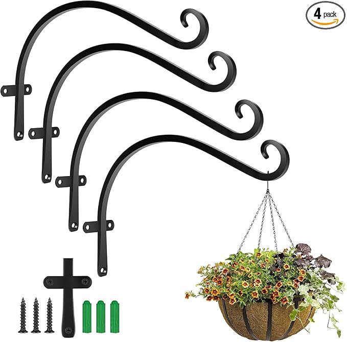 HOOPLE Plant Hangers Outdoor Heavy Duty 4 Pack, Cast Iron Bird Feeder Hanger, Metal Black Plant Brackets Hook for Hanging Flower Baskets, Elegant Design, Large Bearing Capacity