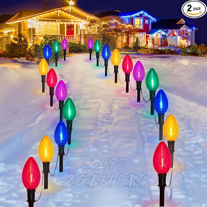 2 Packs Outdoor Christmas Decorations, Total 34 Feet 20 LED C9 Christmas Pathway Lights or Xmas String Lights, Multicolored Bulbs Waterproof Marker Lights for Yard Holiday Lawn Walkway Garden