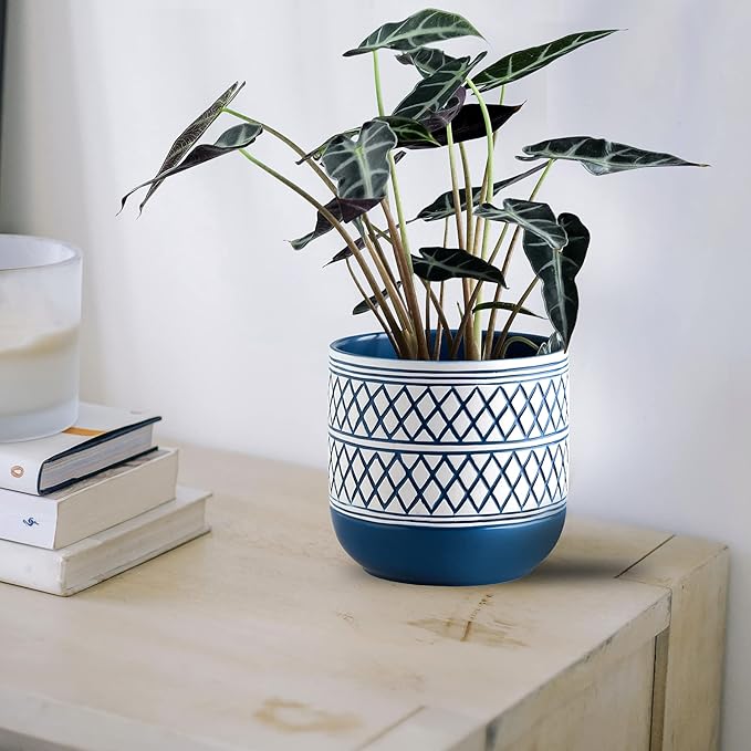 Ceramic Plant Pots, 6 + 4.7 inch Blue Plant Pot, Flower Pots for Indoor Plants， Planter with Drainage Hole for Succulent Orchid Snake Plants Cactus