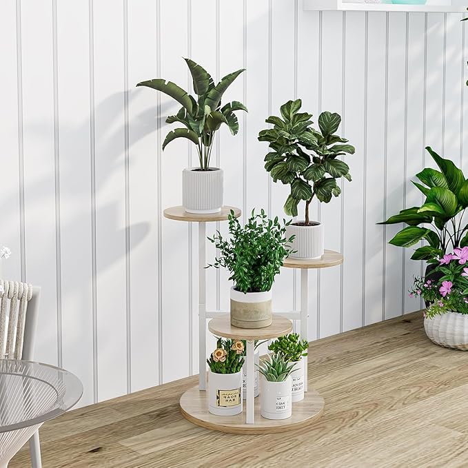 Plant Stand Indoor 4 Tier 5 Potted Multiple Flower Pot Holder for Patio Garden Balcony Living Room Corner (4 Tier White+Sonoma Oa)