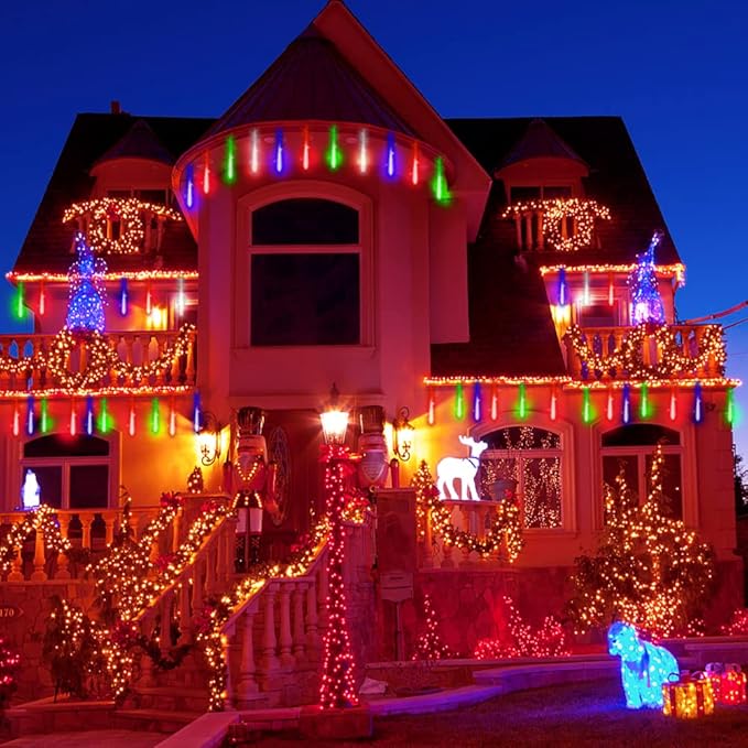 Aokudoni Christmas Lights 24 Tubes Meteor Shower Outdoor, Indoor Outside Decorations Icicle Snow Falling Rain for Tree Yard Party, UL Plug, Multi Color