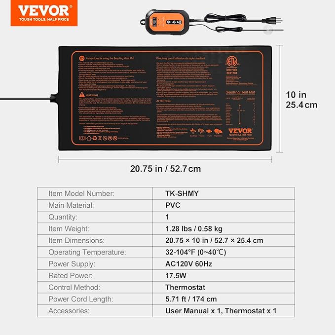 VEVOR 10"x 20.75" Seedling Heat Mat w/Digital Thermostat Combo Set, MET-Listed Heating Pad for Seed Starting, Waterproof Seed Mats for Germination, Indoor Gardening, Hydroponic, Greenhouse, 1 Pack