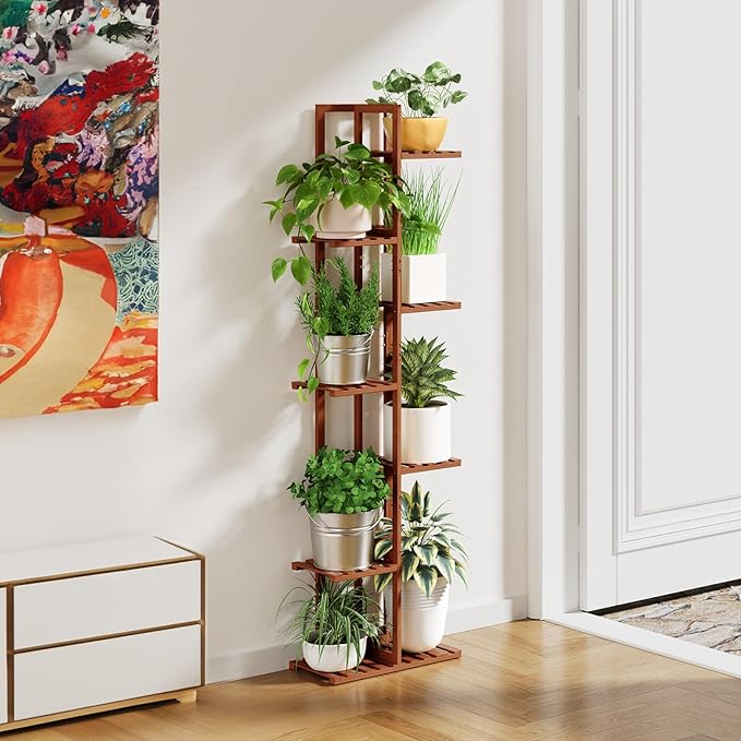 ROSSNY Plant Stand Indoor, 7 Tier 8 Potted Bamboo Plant Stands for Indoor Plants, Corner Plant Stand, Tiered Plant Stands, Plant Shelf For Indoor, 55 Inch Tall Planter Holder for Multiple Plants Indoor, Brown