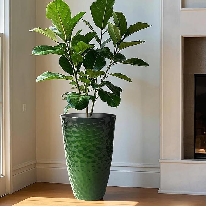 Worth Garden 14" Dia x 24" H Large Plastic Planters with Drainage Hole, Set of 2 Hammered Texture Green Glossy Smooth Finish, Tall Round Decorative Flower Plant Pot for Indoor Outdoor, Front Porch
