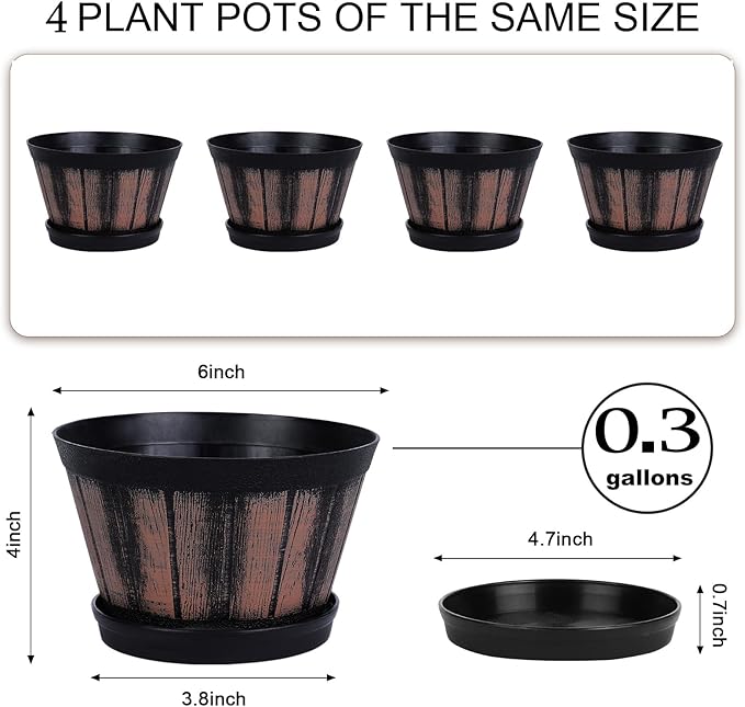 Quarut 6 inch Brown Barrel Planters with Drainage Holes & Saucer, Set of 4, Indoor & Outdoor Garden Home Plants
