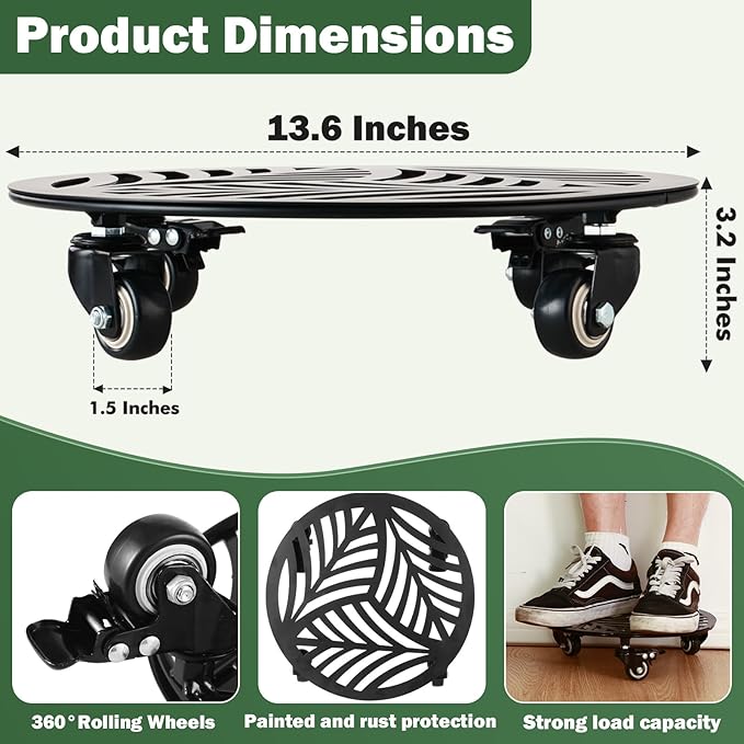 1 Pack Large Metal Plant Caddy with Wheels 13.6 Inches Heavy-duty Wrought Iron Rolling Plant Stand with Casters Indoor Outdoor Plant Roller Base Planter Movers Plant Dolly Coaster Trolley Black